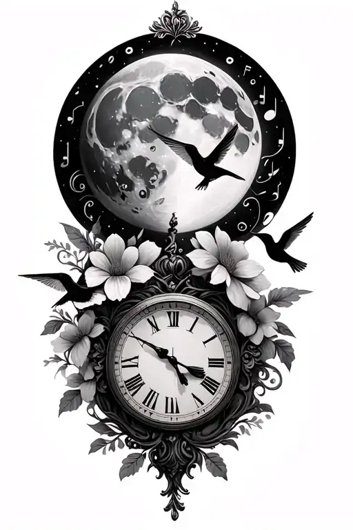 rising  moon with Music notes and with humming birds and flowers hour glalice in wonder land clock tattoo design idea