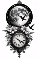 rising  moon with Music notes and with humming birds and flowers hour glalice in wonder land clock tattoo design idea
