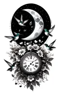rising  moon with Music notes and with humming birds and flowers hour glalice in wonder land clock tattoo design idea