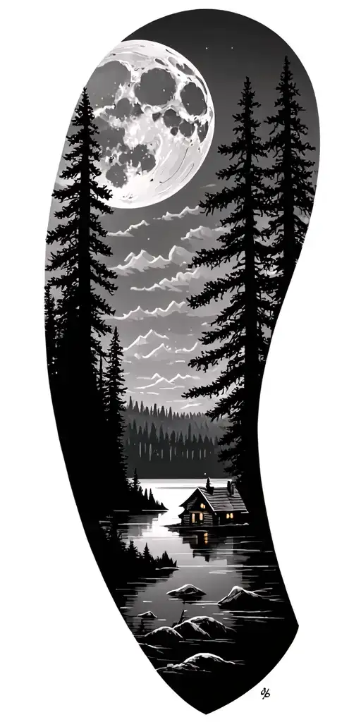moon over Forest skyline, cabin on lake tattoo design idea