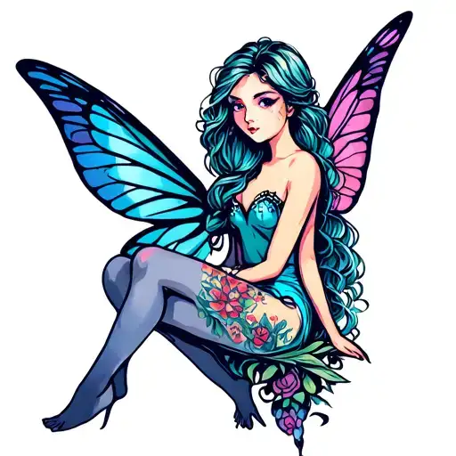 Fairy sitting tattoo design idea