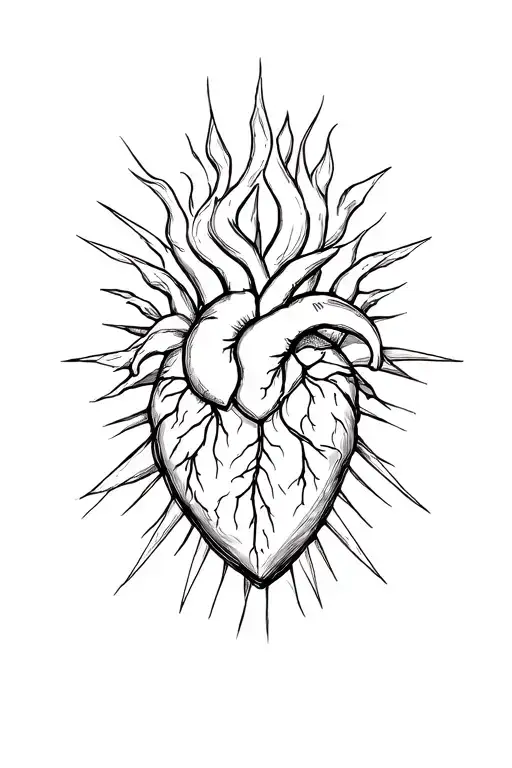 sacred heart and lines work that looks like fire on spine not so big just thin enough to be on spine  tattoo design idea