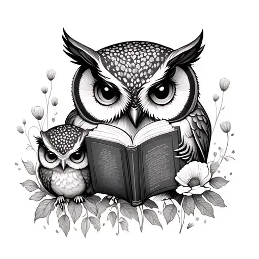 A whimsical tattoo of a mother owl reading a book to her baby owl, with poppy flowers blooming around them tattoo design idea
