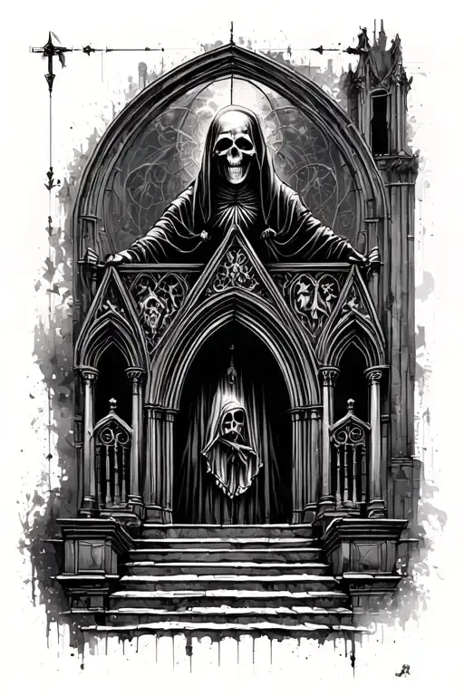 gothic architecture with realistic grim reaper tattoo design idea