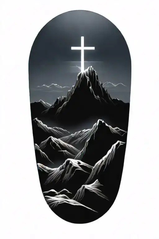 christian cross summit of a mountain landscape ray of sunshine tattoo design idea
