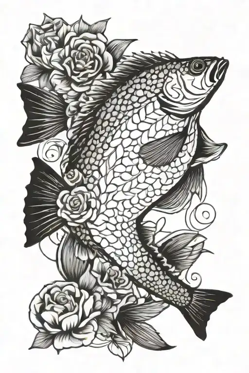 jumping bass fish with flowers   tattoo design idea