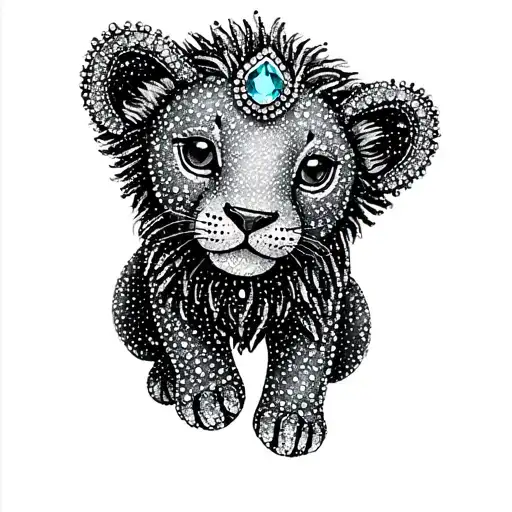 a minimalist jewelry piece shaped like cute lion cubs, adorned with precious stones and sparkling gems. tattoo design idea
