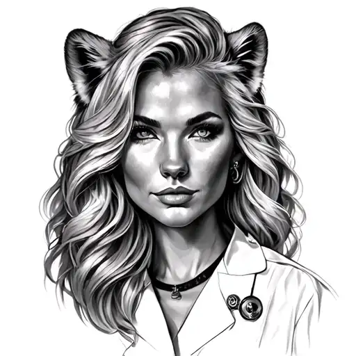 Can you draw me a tattoo quarter sleeve of a Leo, law enforcement father, a Sagittarius nurse hot blond bombshell wife,  tattoo design idea