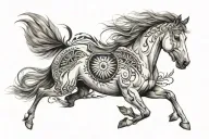 wild mustang galloping from the front, I want to include a feather, and tribal symbols tattoo design idea