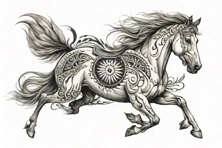 wild mustang galloping from the front, I want to include a feather, and tribal symbols tattoo design idea