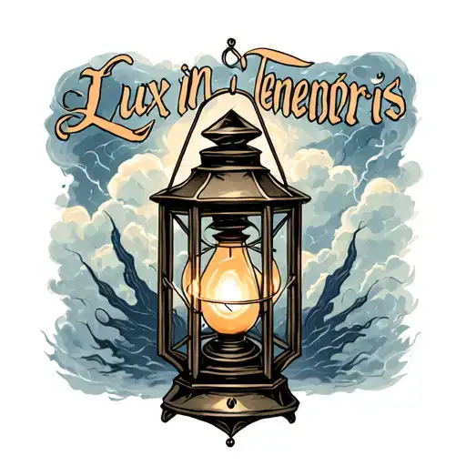 name "Lee" inside a lantern surrounded by the words "lux in tenebris" in a gothic font and a storm in the background tattoo design idea