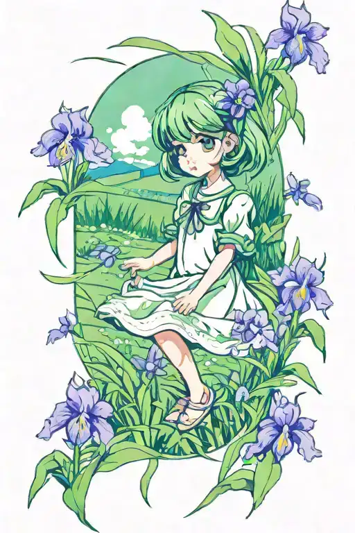 a sleeve tattoo of a little girl in a green field with irises tattoo design idea