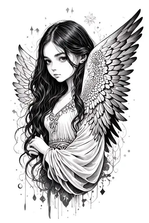 a girl with long hair and large detailed wings. She is depicted, creating a sense of fragility and peace. Around her the tattoo design idea