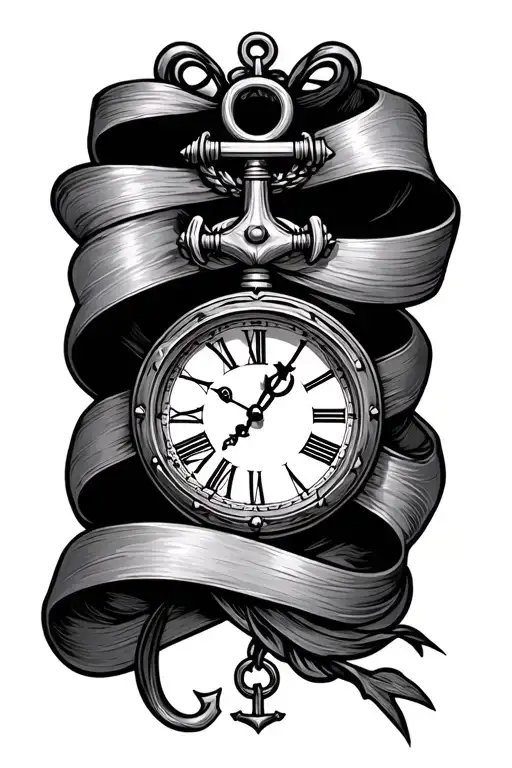 anchor clock mechanical ribbon wrapped tattoo design idea