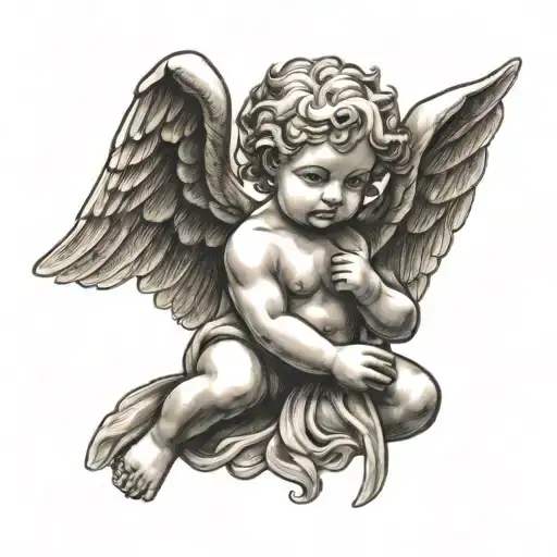 cherub angel with wings shadow stroke tattoo design idea