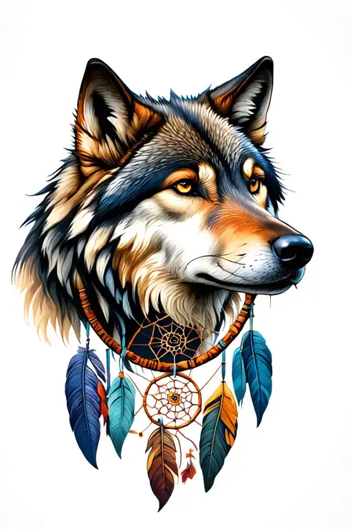 wolf head and dreamcatcher tattoo design idea