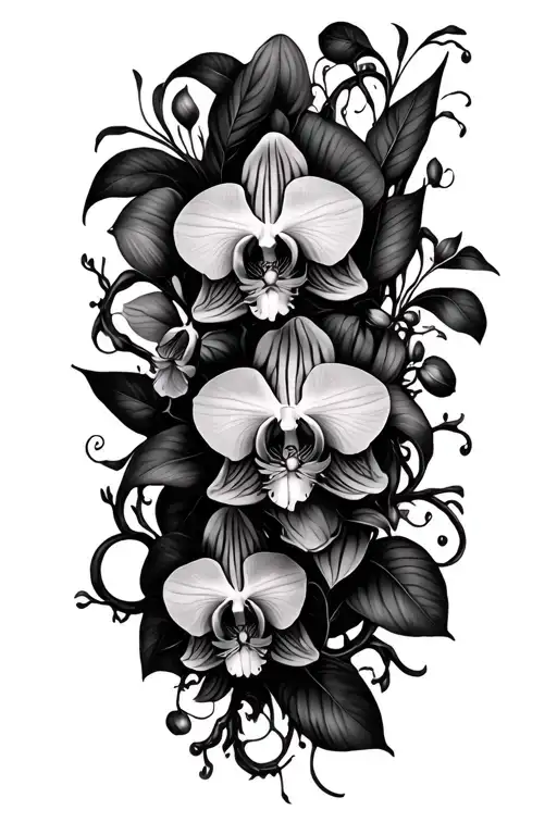 Gorgeously chaotic orchid vines and flowers sleeve tattoo design idea