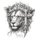 Theo, Christian cross, 2h28, surprise, lion, sagittarius, skull tattoo design idea
