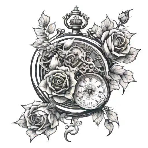 clock watch set at 1:13 and rose with larkspur flowers intertwined tattoo design idea
