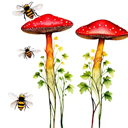 bees and red mushroom forest tattoo design idea