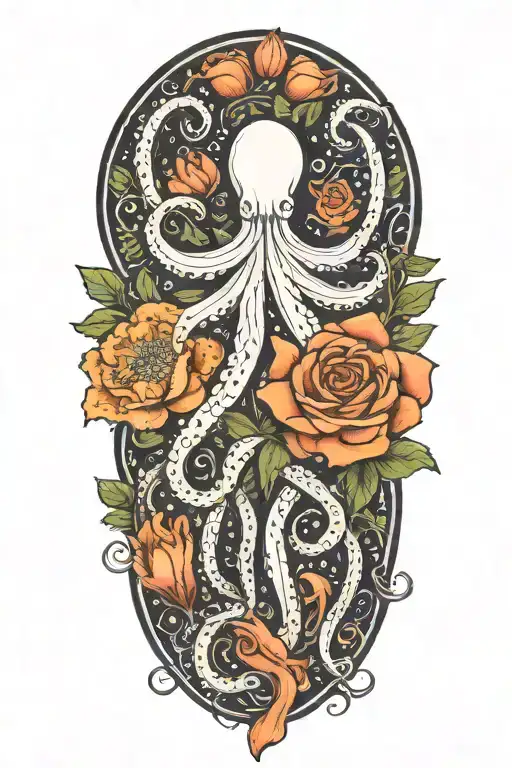snowdrop, rose, marigold, octopus tenticals tattoo design idea