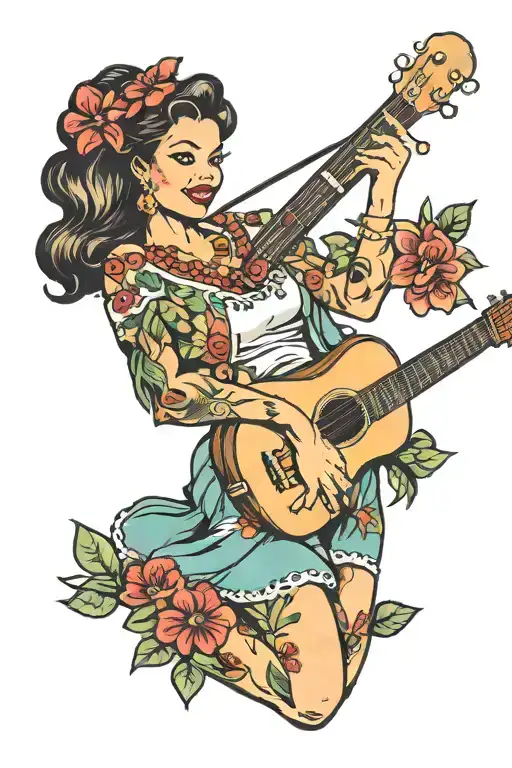 hula pin up girl holding ukulele tattoo design idea