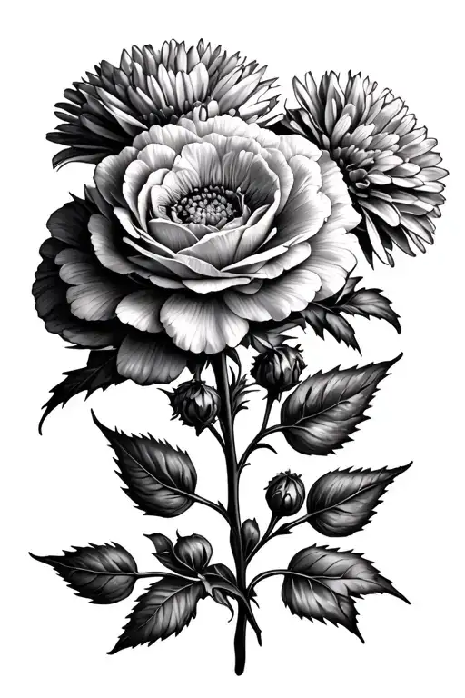 carnation, chrysanthemum, rose, aster  tattoo design idea