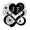 infinity symbol with initials j,f,a along the lines with a heart, sun, star within it too in black ink for my wrist tattoo design idea