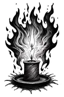 create a drawing of a candle being engulfed by flames to the point that the candle is barely visible tattoo design idea