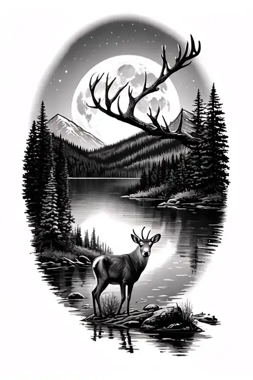 Black and white tattoo of a deer by the lake in a fir forest and mountains in the background with a full moon tattoo design idea
