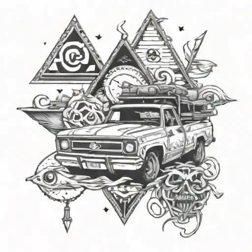A tattoo design of a mystical El Camino vehicle surrounded by Masonic symbols, with fishing and video game motifs incorporated throughout tattoo design idea