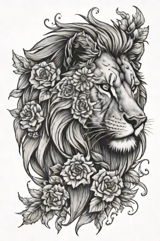 half lion head half wolf head flowers growing tattoo design idea