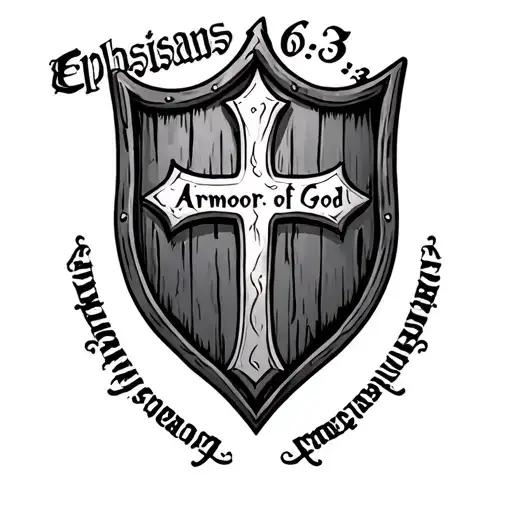 "Ephesians 6:13" medieval shield with a cross inside with the word Armor of God above it and verse Ephesians 6:13 underneath it tattoo design idea