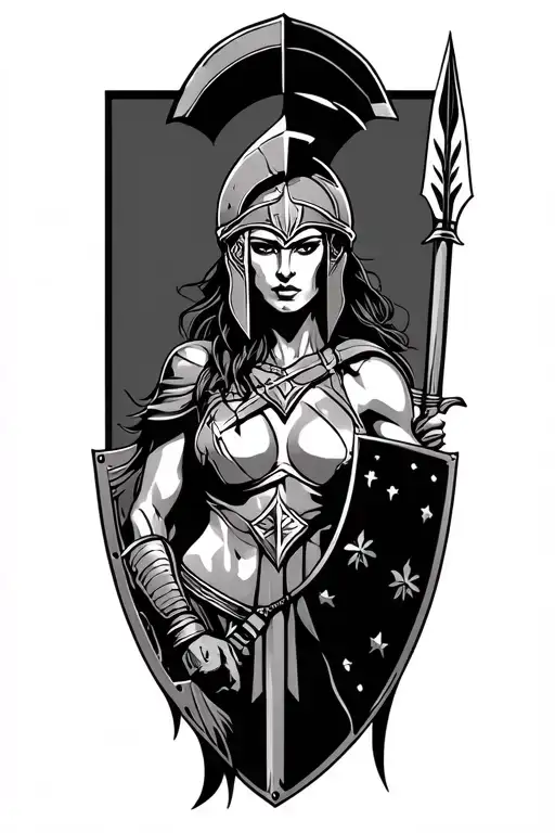 ares as a female spartan with spear and shield adorned tattoo design idea