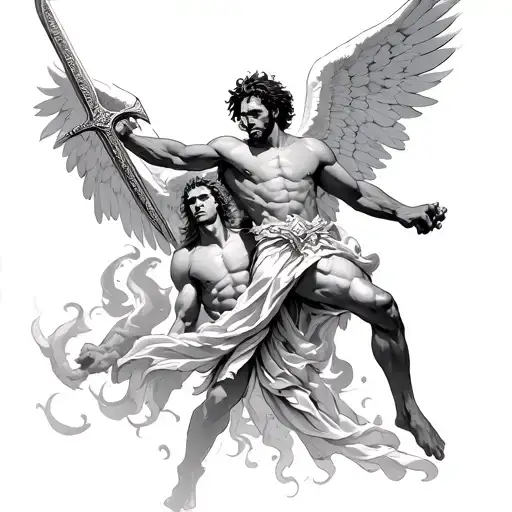 African American male version of Michael the  arch angel defeating Lucifer hold sword towards the sky tattoo design idea