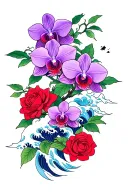 purple orchids with red roses and Japanese waves tattoo design idea