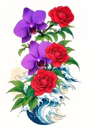 purple orchids with red roses and Japanese waves tattoo design idea