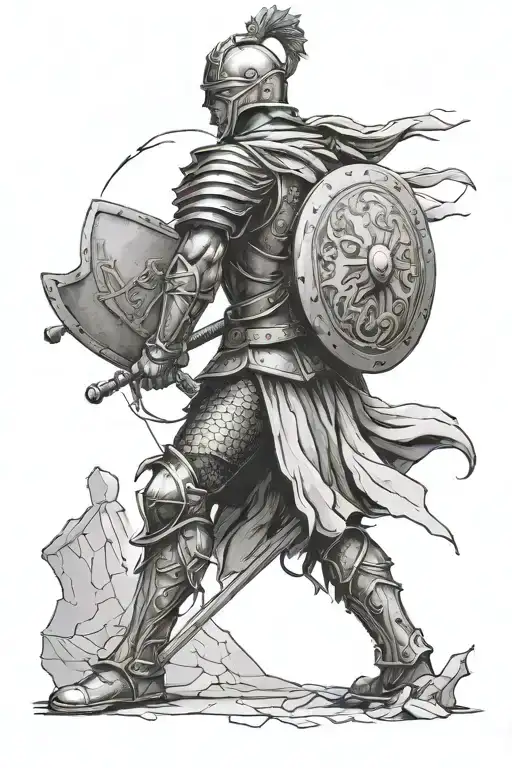 tattoo of a statue of a warrior in armor brandishing a shield and cracked by time tattoo design idea