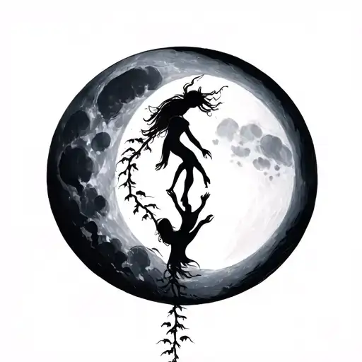 “I’d like a half‑moon scene with two simple silhouettes on either side, each reaching toward the center with a thin vine tattoo design idea