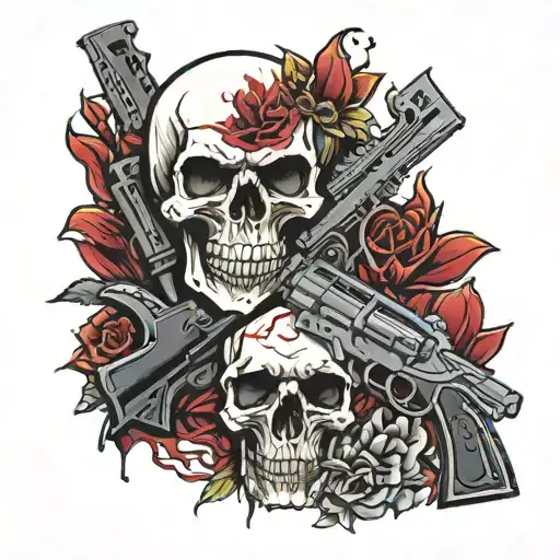 skull and gun and blood and vengeance tattoo design idea
