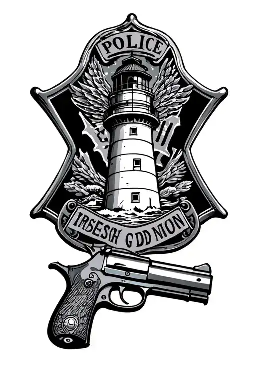 gun and lighthouse and police badge tattoo design idea