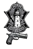 gun and lighthouse and police badge tattoo design idea