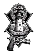 gun and lighthouse and police badge tattoo design idea