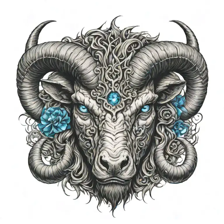 demonic aries with blue eyes looking back tattoo design idea