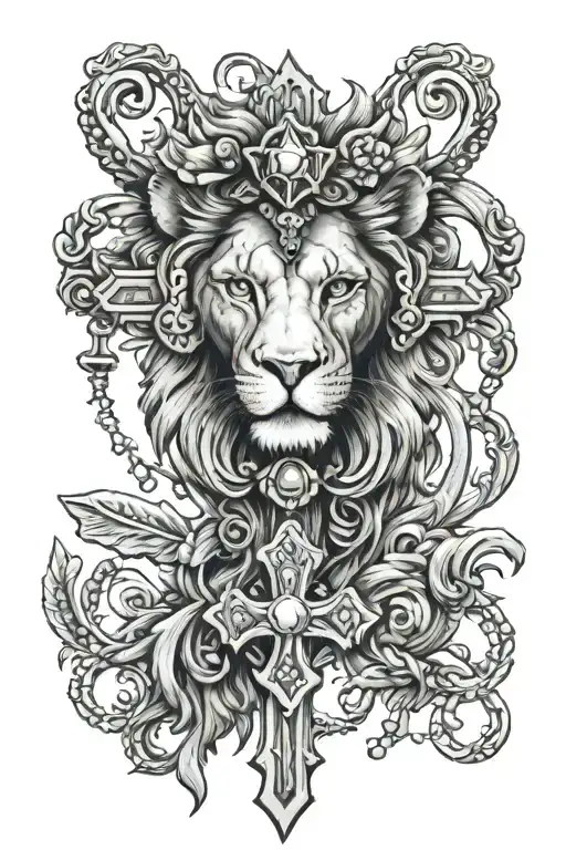 cross rosary lion tattoo design idea