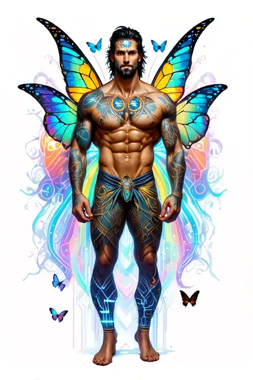 Gay male faery, massive bodybuilder musculature. Around him are butterflies, rainbows. tattoo design idea