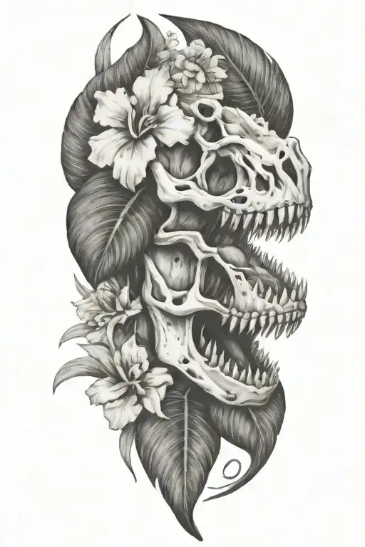 tropical leaves with flowers an T Rex skull tattoo design idea