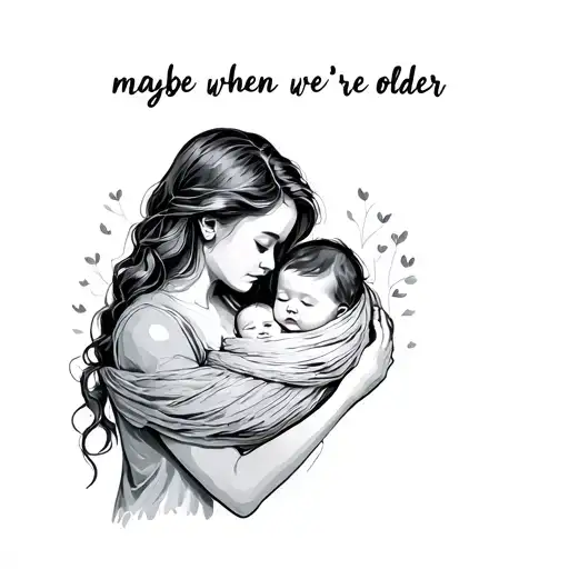 "maybe when we're older" woman cradling her wrapped up baby with bold text tattoo design idea