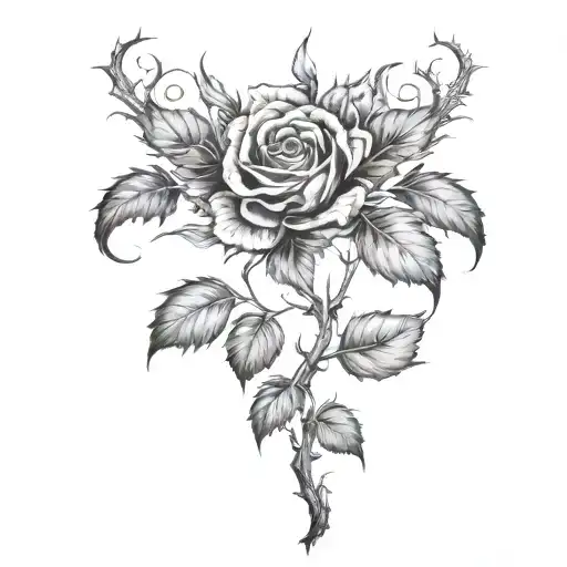 Back tattoo in Gothic style. A rose bush with thorns and branches mixed with tribals and many spikes tattoo design idea