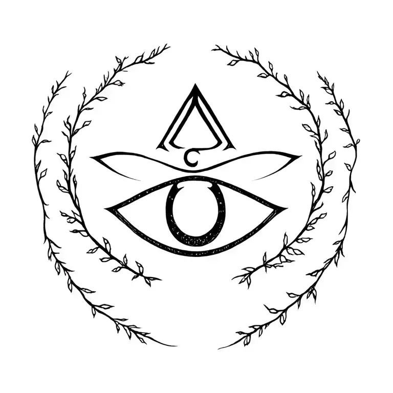 eye of horus in a tree crown with a dna strand as tree trunk then a straight line and ending at the tree roots & unalome tattoo design idea